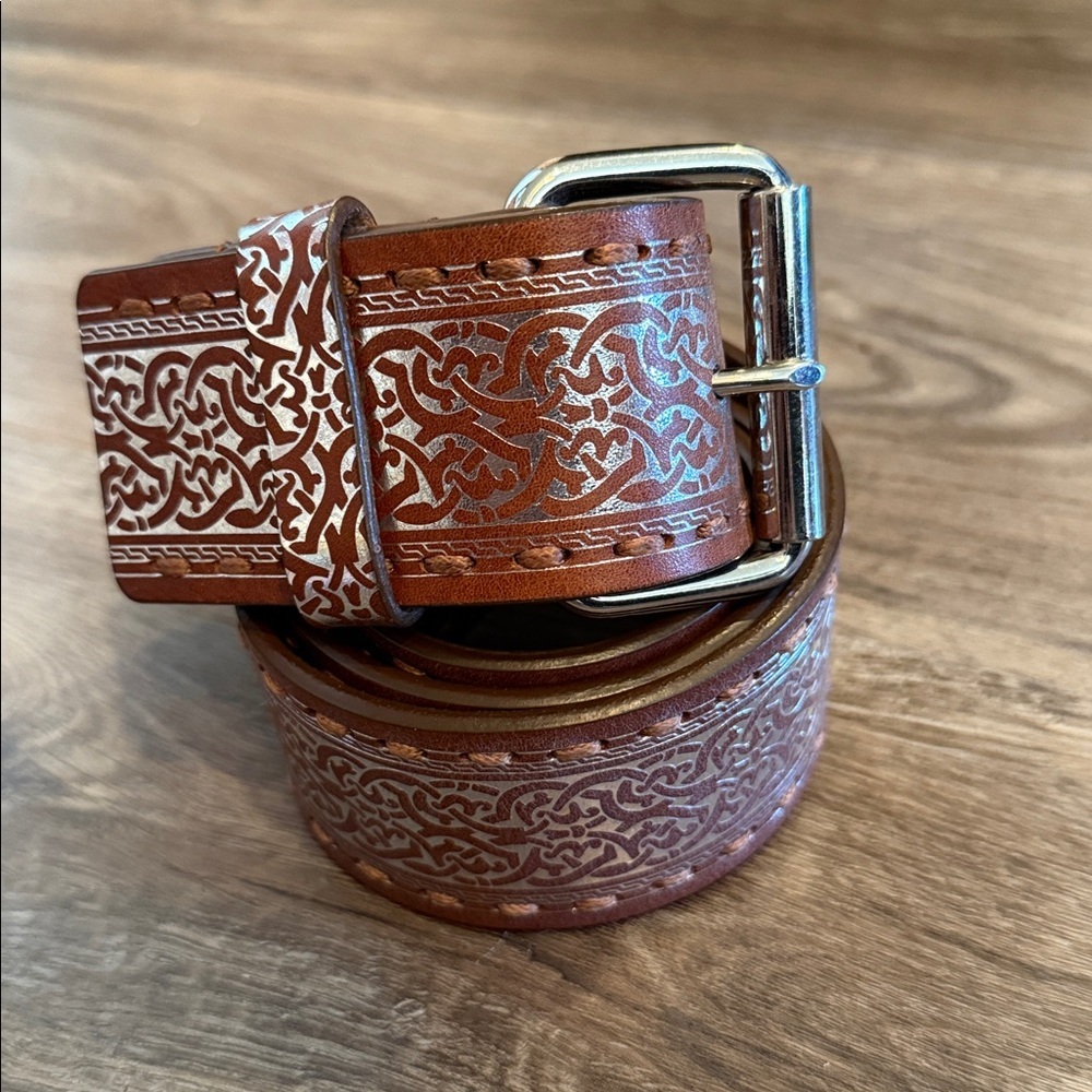 Western Cowgirl Brown Leather Belt with Silver Buckle & Silver Scroll Design XL
